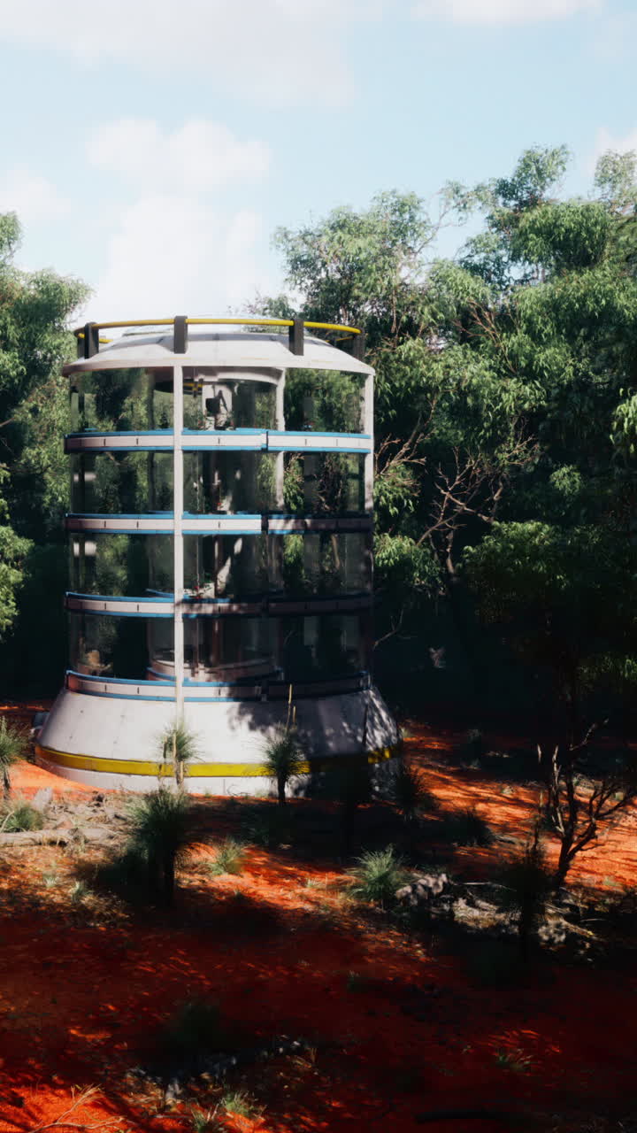 torre futurista en un bosque