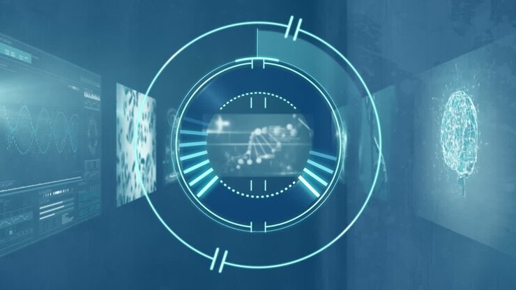 Animation of round scanner over screens with medical data processing against blue background