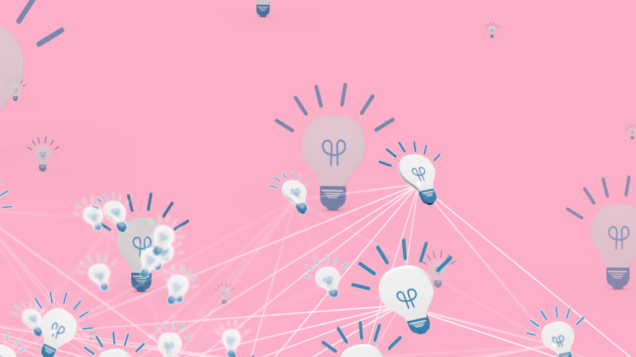 Animation of network of connections with light bulbs on pink background