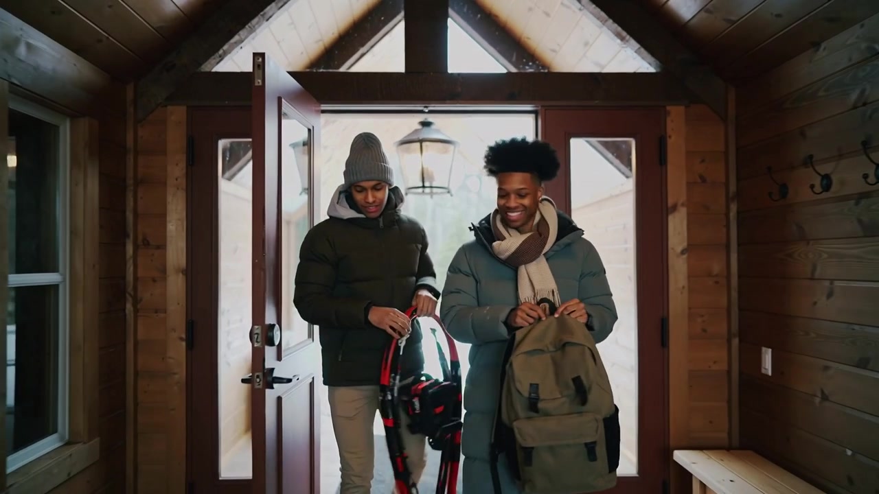 Entering cabin from snow two men in coats carrying backpack, red-black carseat storing gear to warm