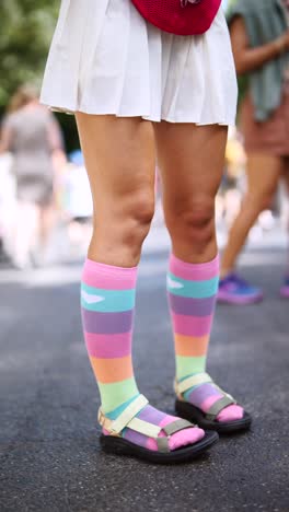 woman in colorful striped socks and white skirt