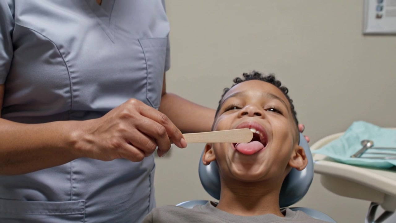 Dentista che esamina la lingua di un bambino con un abbassalingua in clinica
