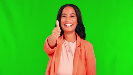Face,-thumbs-up-and-happy-woman-in-green-screen