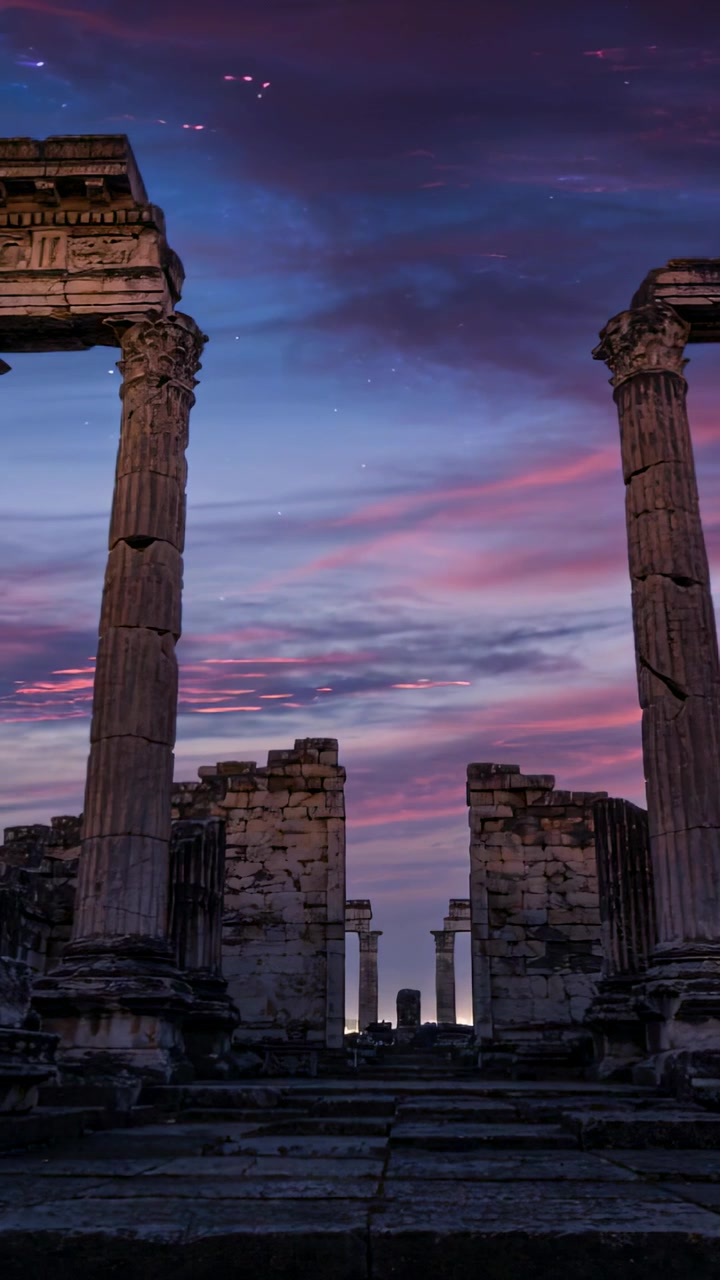 Video verticale: Inquadrando colonne scanalate, luce crepuscolare mutevole che rivela rovine centrali con nuvole.