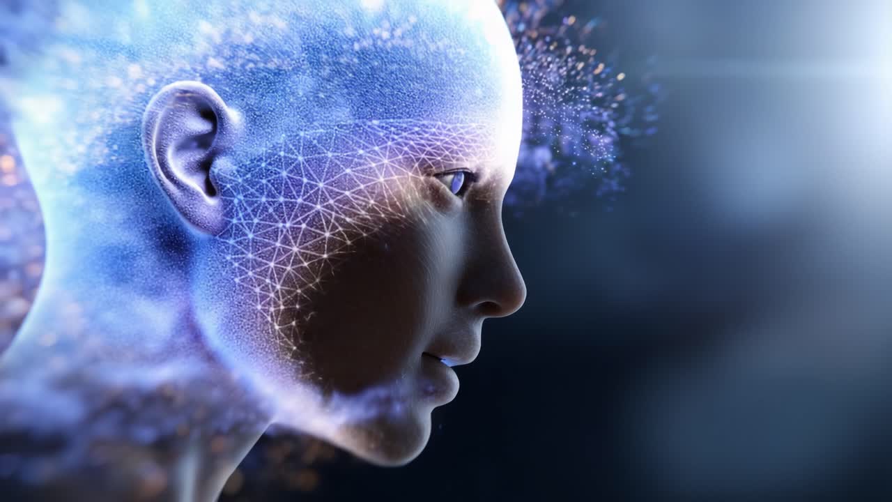 A futuristic depiction of a humanoid figure, showcasing a blend of artificial intelligence and ethereal cosmic elements, with a focus on advanced digital aesthetics