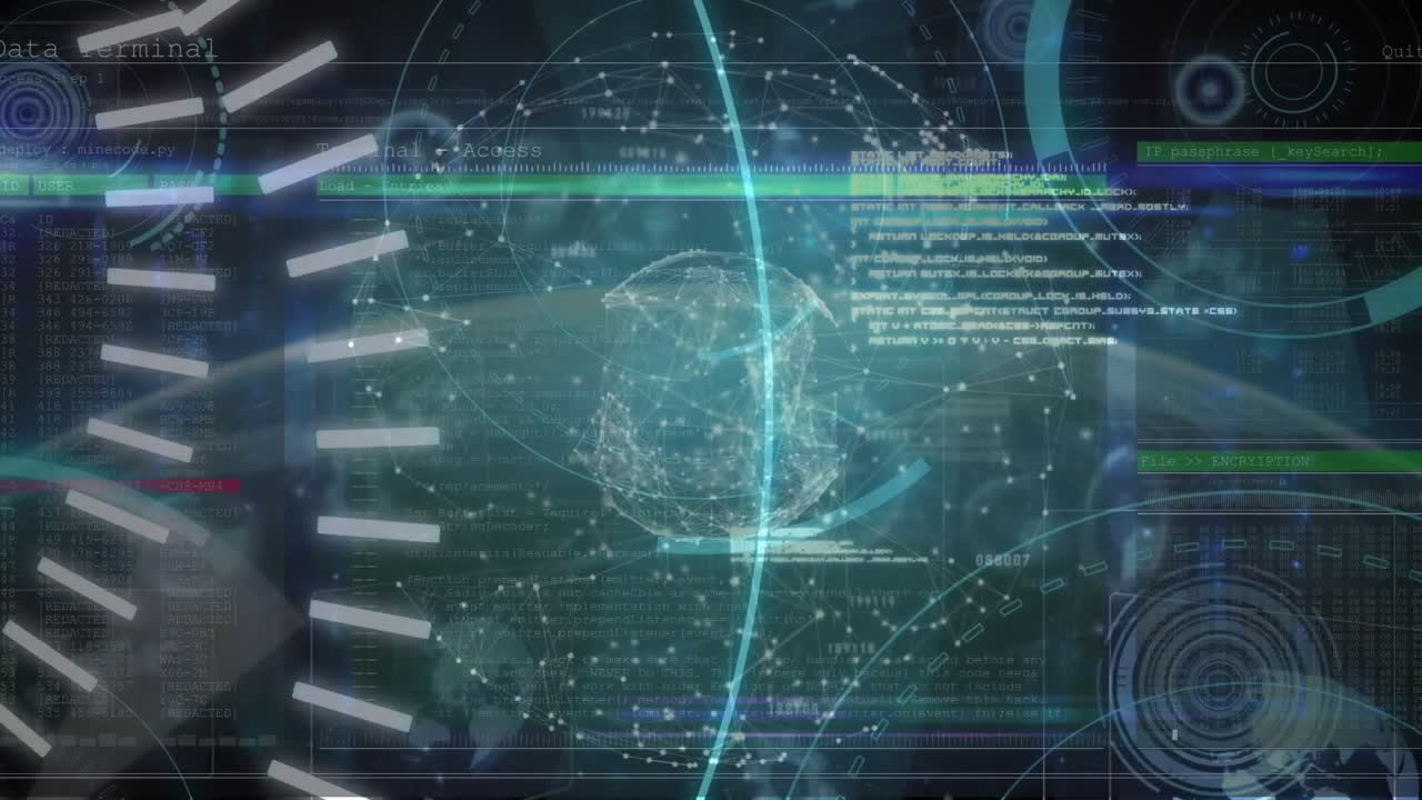 원의 애니메이션, 5g 텍스트, 연결된 점이 지구를 형성하는, 검은 바탕에 컴퓨터 언어