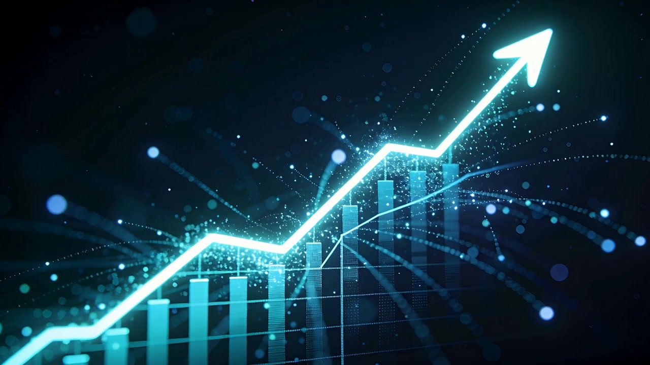 Animating turquoise line and bars rising on dark plane as frames play, arrowhead showing momentum