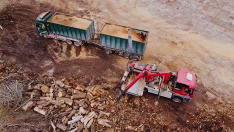 heavy-duty trucks loaded with sawdust, powerful industrial wood chipping machine