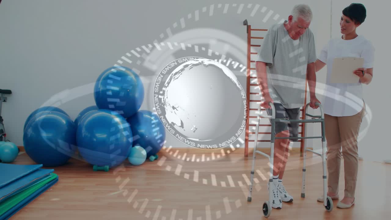 Therapist cueing senior for rehab, taking steps with walker while PT aiding under rotating globe