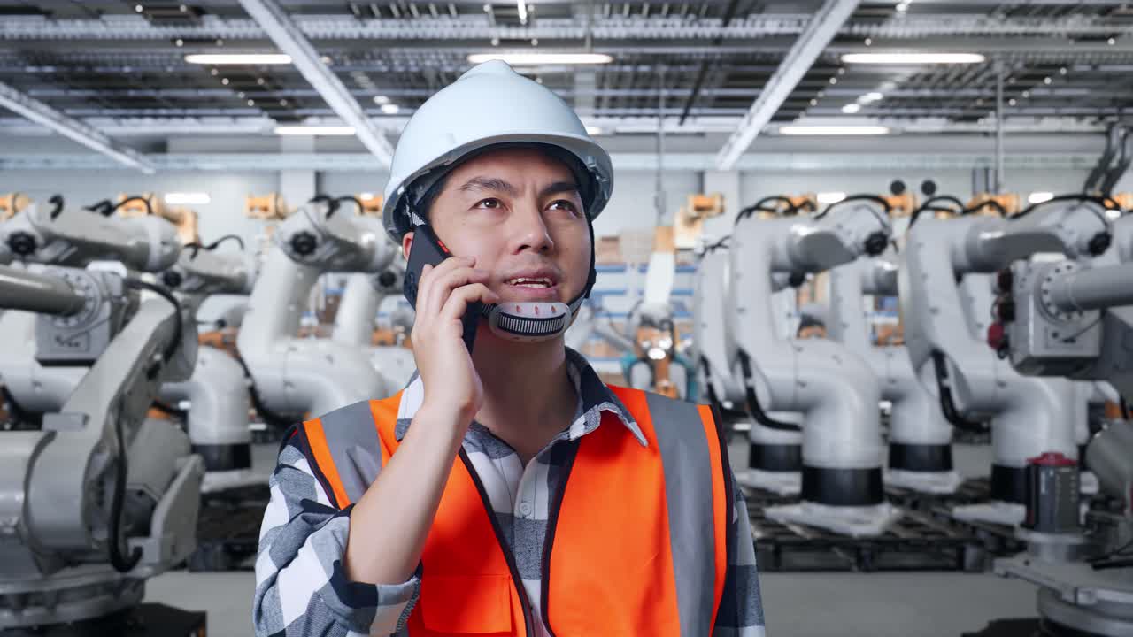 로과 함께 현대 공장에서 전화로 이야기하는 엔지니어