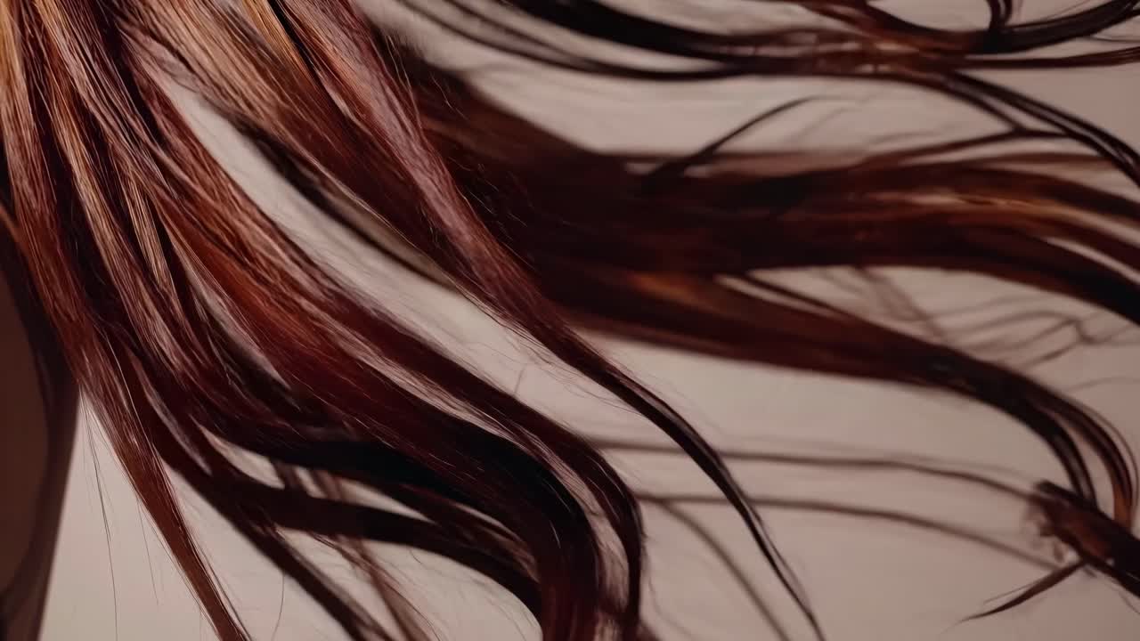 Close-up video of flowing brown hair strands against a neutral background, captured from a side