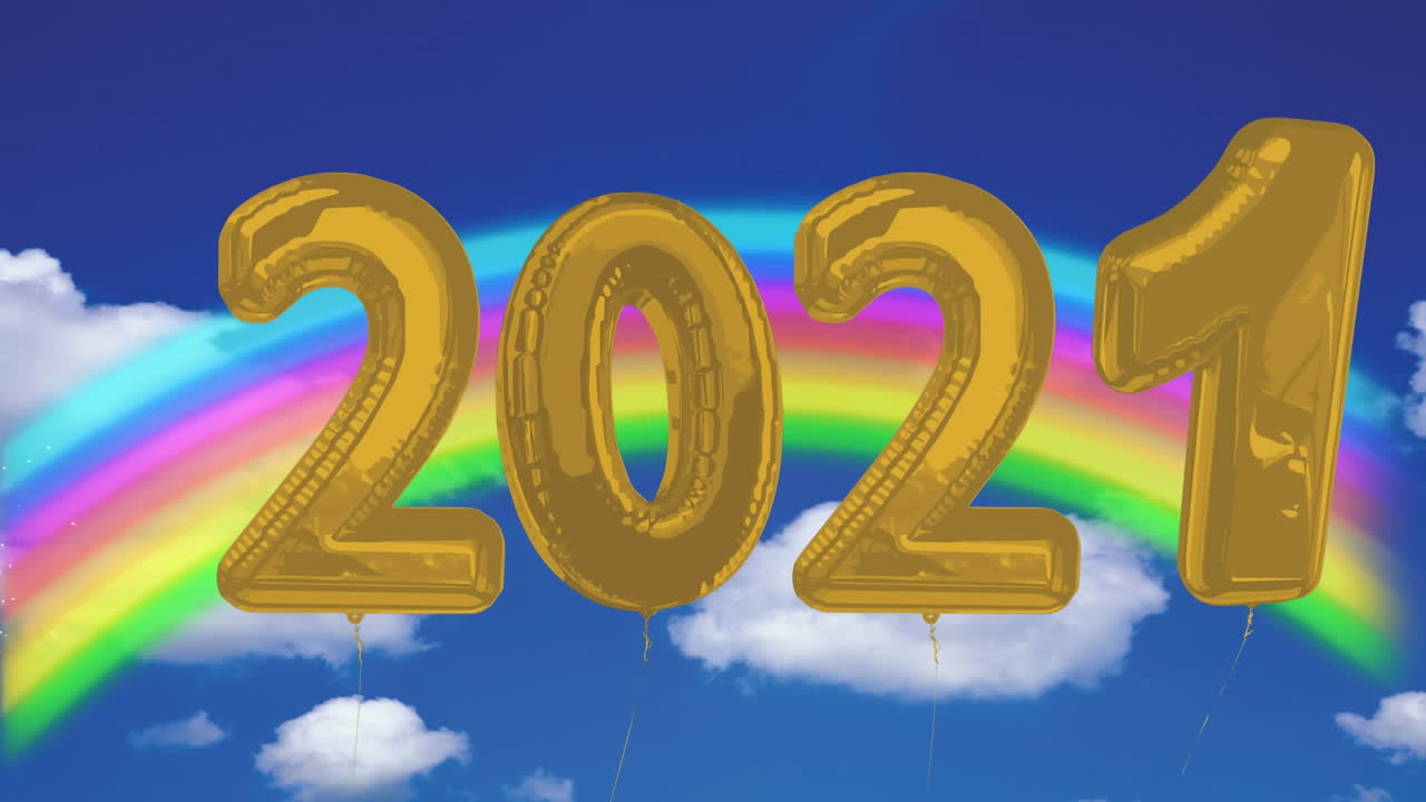 animación de 2021 globos volando sobre el cielo azul y el arco iris