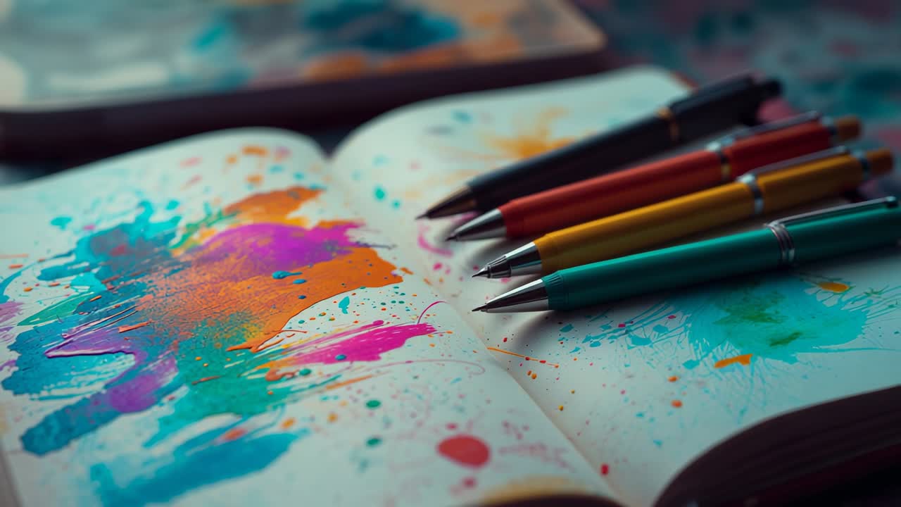 Shifting camera angle after focus revealing metallic pen tips on paint-splashed pages on desk