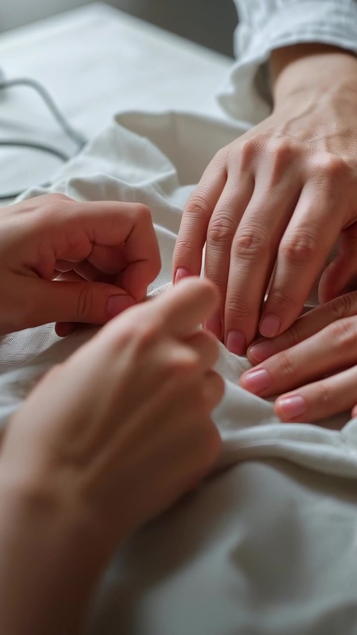 Vertical video: Moving hands on table toward resting hands with white cuff touching cloth caring