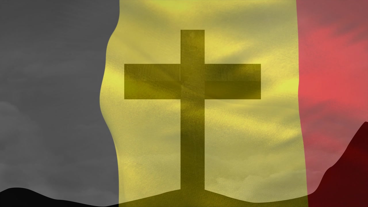 Dark cross staying centered with wind making tricolor flag rippling casting shifting shadows