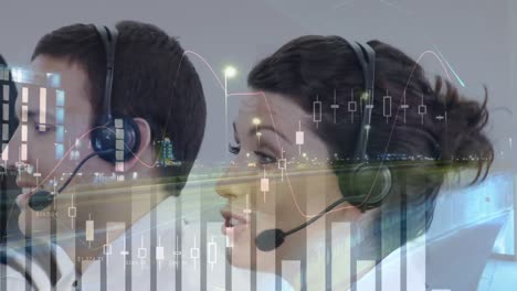 Animation-of-financial-and-statistic-data-processing-over-businesswoman-wearing-phone-headset