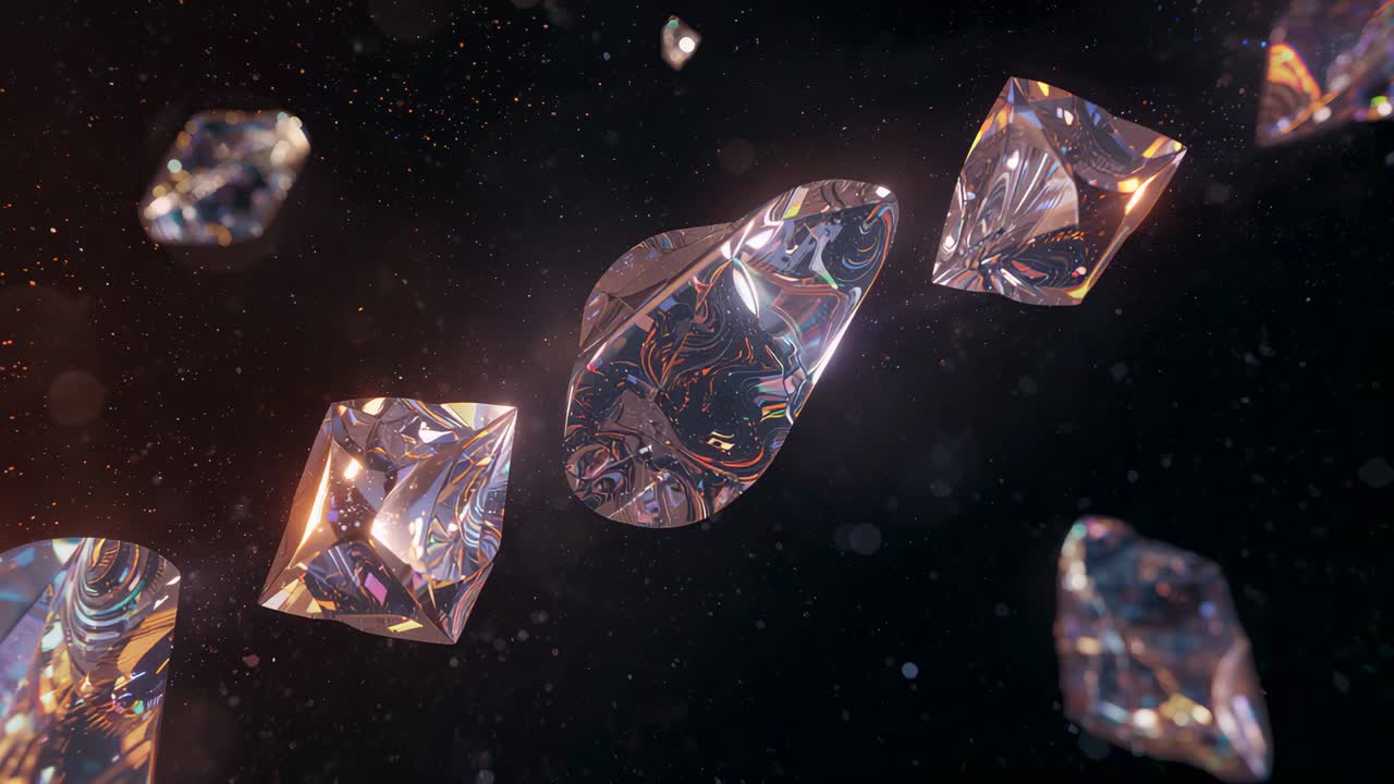 Advancing frames sending teardrop crystal rotating closer, revealing inner reflections with gems