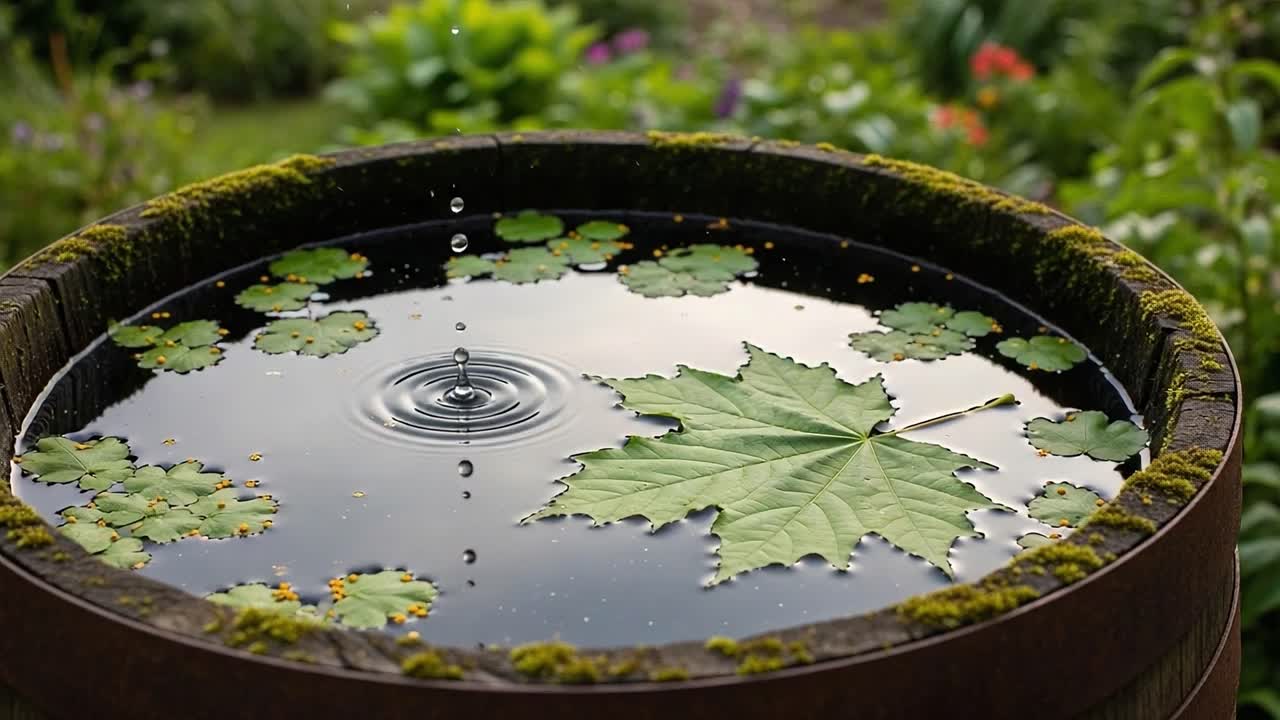 A Tranquil Moment: Raindrop Falling into Still Water Surrounded by Greenery and Floating Leaves in a Wooden Barrel