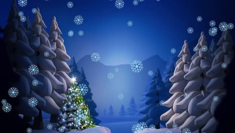 Animación-De-Nieve-Cayendo-Sobre-El-árbol-De-Navidad-Y-El-Paisaje-Invernal.