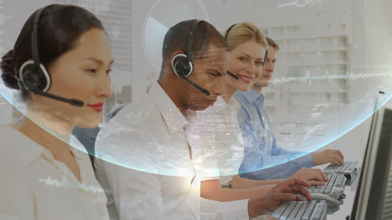 전화 헤드 ⁇ 을 사용하는 다양한 사업가들에 대한 전 세계의 애니메이션