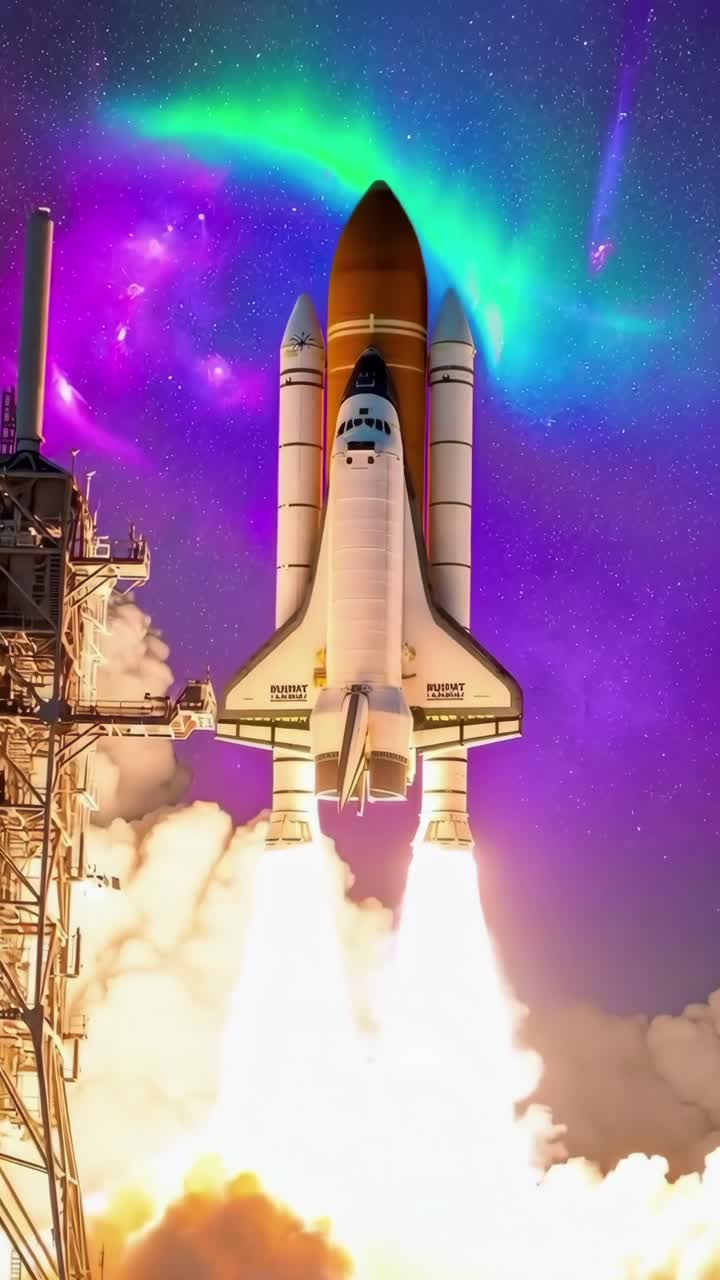 Video dinamico dal basso angolo del lancio di uno space shuttle con vivace sfondo di aurora boreale