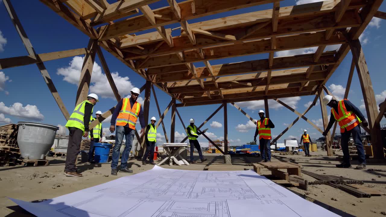 Wide-angle video captures construction workers in safety gear assembling a wooden structure