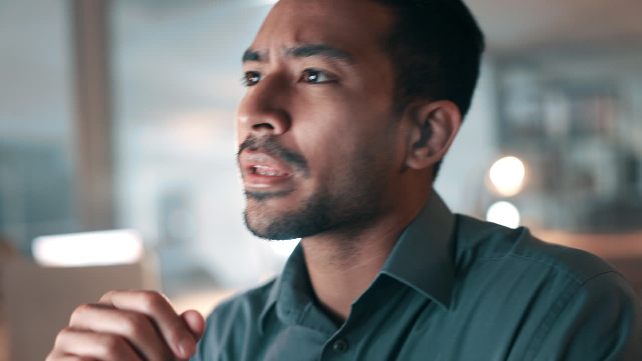 Confused, thinking and business man at night