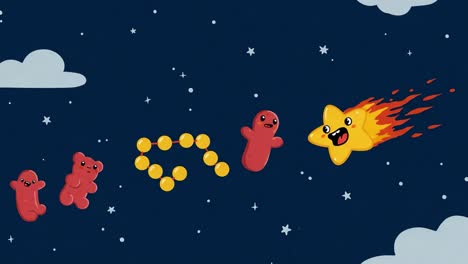 animated adventure of colorful characters: gummy bears and a shooting star in a dreamy sky full of whimsical clouds and golden orbs