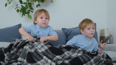 two children watch an exciting tv show on tv. two brothers are watching tv