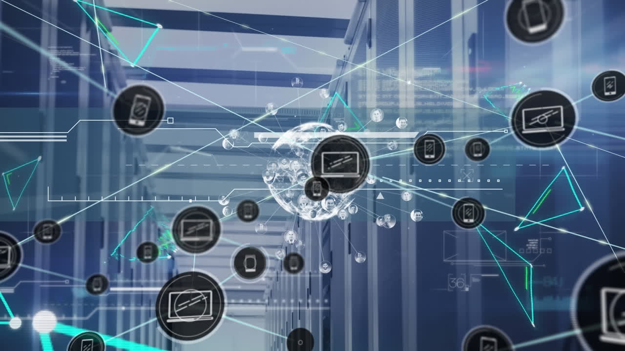 Animation of connected icons, profile pictures around globe, triangles over server room