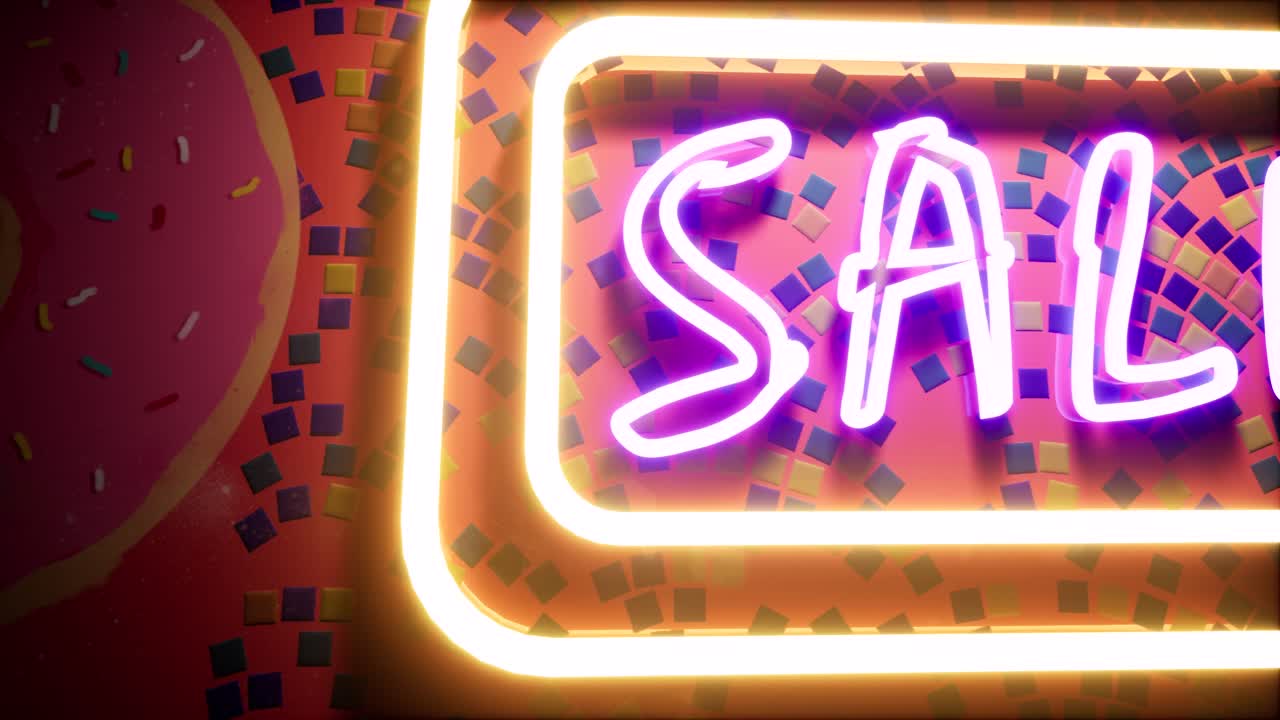 화려한 모자이크와 반사가 있는 광택이 나는 빨간색 벽에 판매 네온 사인, 화려한 네온 조명 색상 변경, 3d 애니메이션 카메라 축소