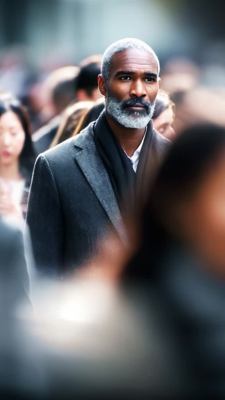 Confident Man in a Suit Walking Through a Busy Urban Environment Surrounded by a Crowd, Reflecting Style and Poise Amidst Movement and Activity
