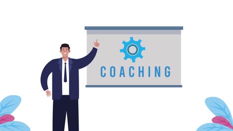 coaching lettering with businessman and paperboard