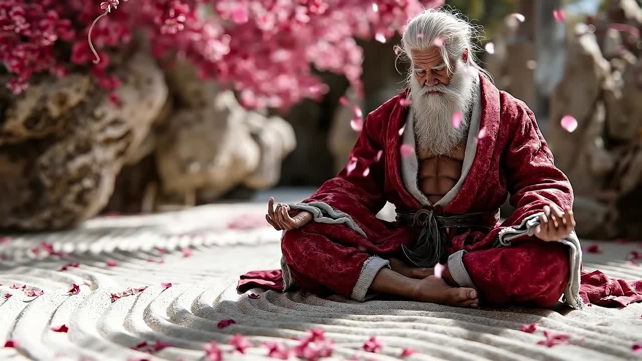 A man in a red robe sitting in a lotus position in a garden