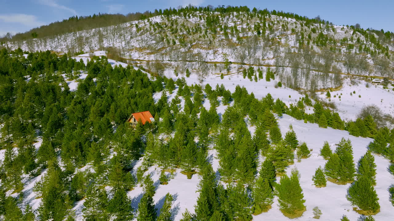 Aerial view of a snowy mountain landscape with a cabin among pine trees