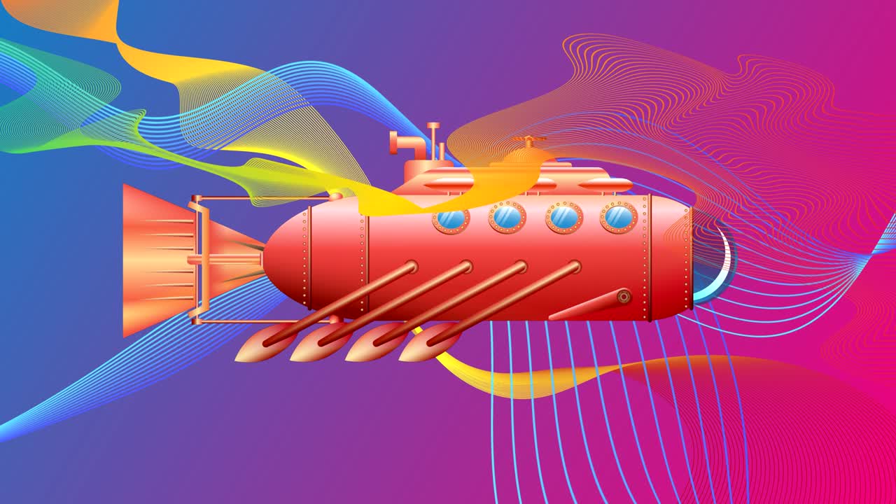 A submarine with oars floats in multi-colored waves.