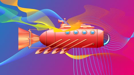 a submarine with oars floats in multi-colored waves.