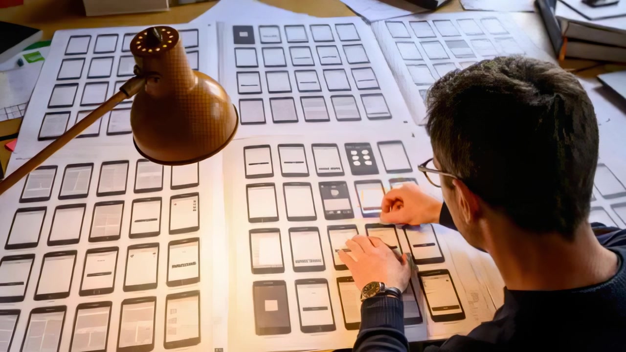 Leaning designer wearing glasses sweater at desk aligning paper cutouts on wireframes, copy space