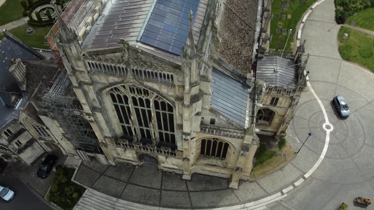 Aerial view of a church with scaffolding