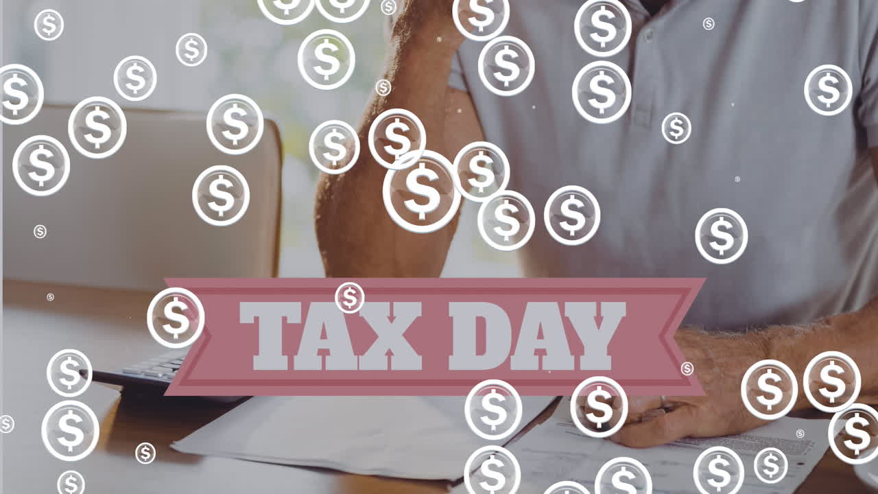 税金の日テキストの上にドルシンボルのアニメーションと白人男性が書類を作っています