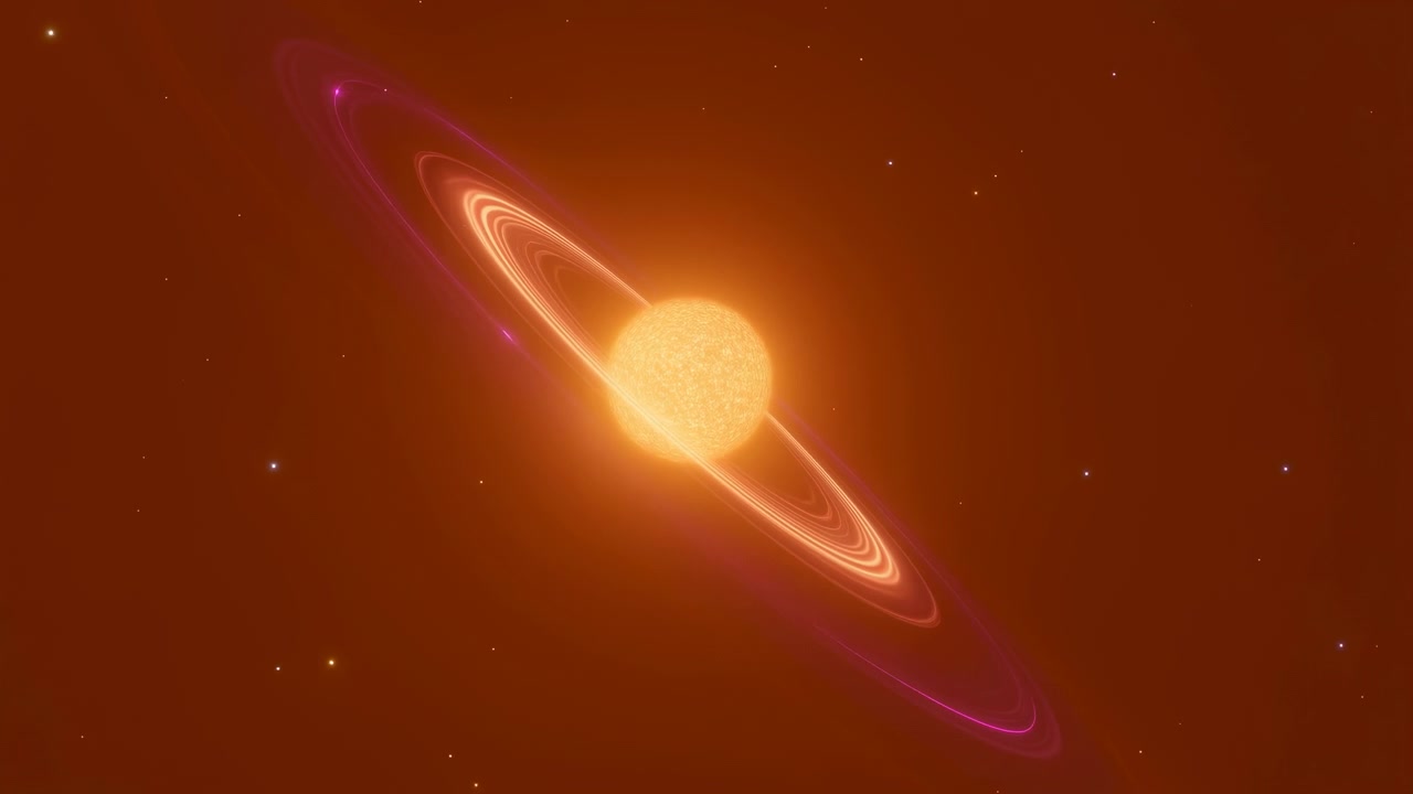 Lumoava digitaalinen renderöinti planeetan renkaista, jotka on havaittu mystisessä kosmisessa avaruusympäristössä, kuvattuna kiinteästä perspektiivistä. Kohtaus kylpee lämpimissä oranssin ja keltaisen sävyissä.
