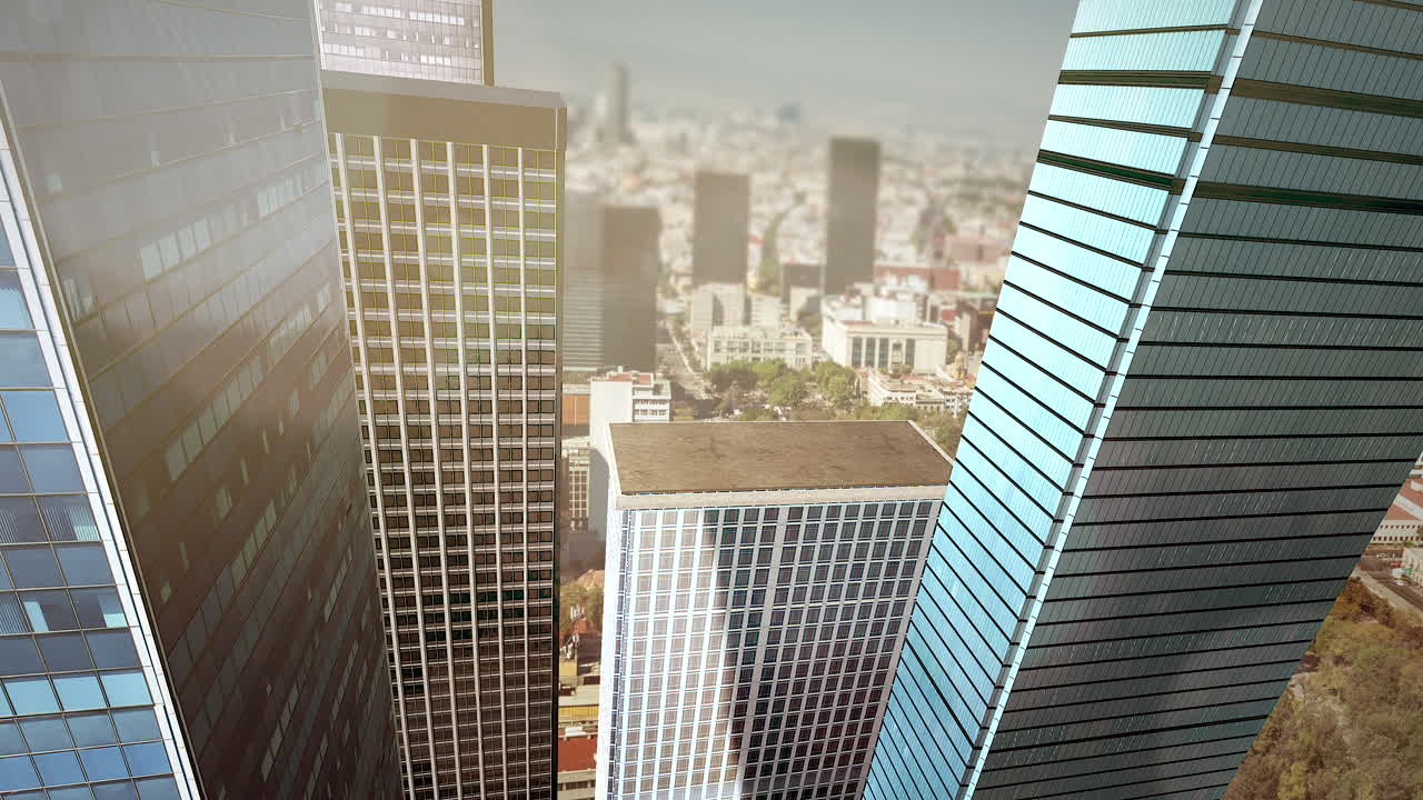 여름날 많은 큰 건물과 거리가 있는 도시 풍경의 파노라마