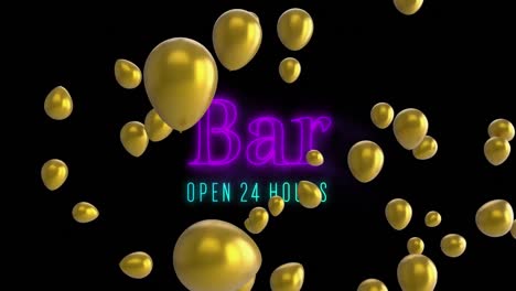 Animation-of-purple-and-blue-neon-text-bar-open-24-hours,-with-gold-balloons-on-black-background