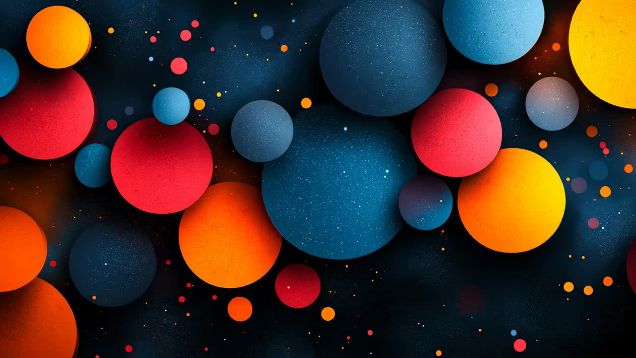 Vibrant circles on dark backdrop. Bright circles in red, blue, and yellow float against a deep dark background, creating an engaging visual display