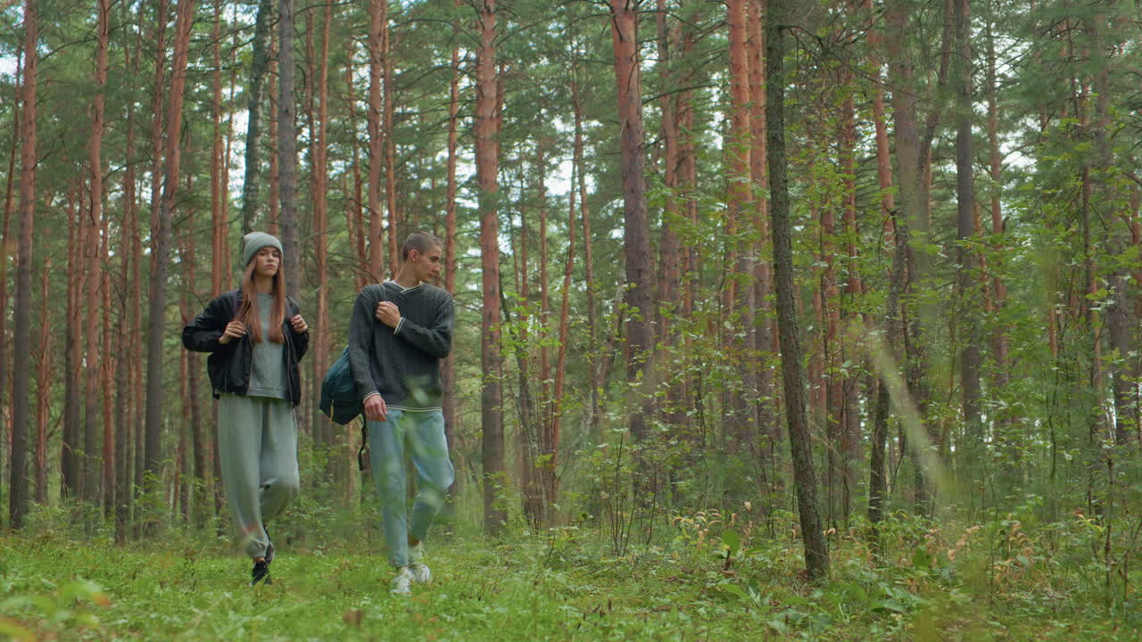 Two adults strolling through forest trail carrying bags, calmly observing surroundings with thoughtful expressions, immersed in serene woodland environment filled with tall pine trees