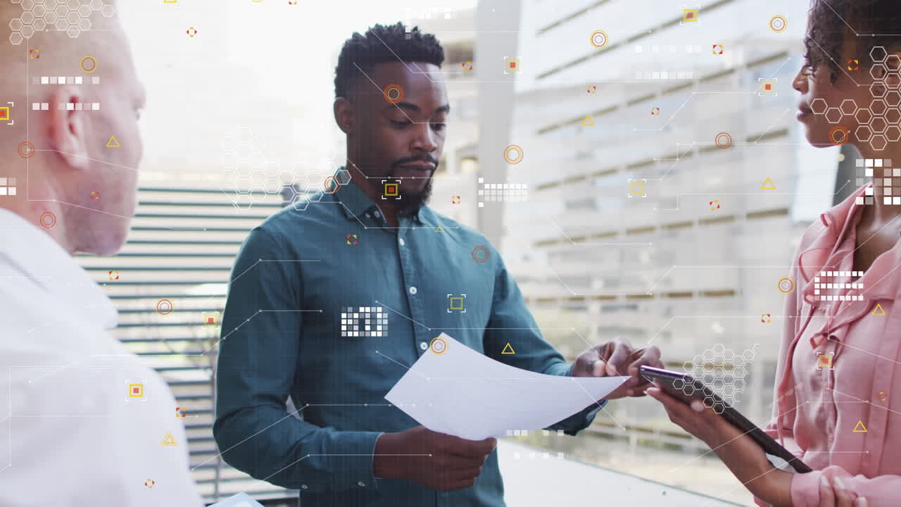 Animation of data processing over diverse business people talking