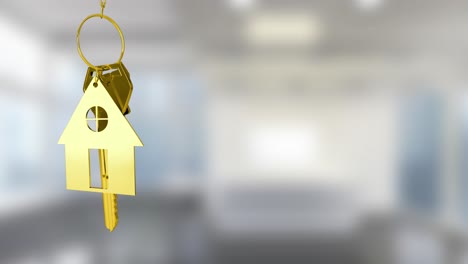 Animation-of-golden-house-keys-hanging-against-blurred-background-with-copy-space