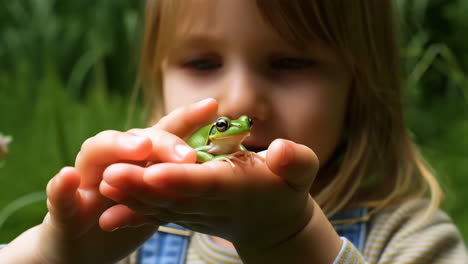 child holding a small green frog in hands