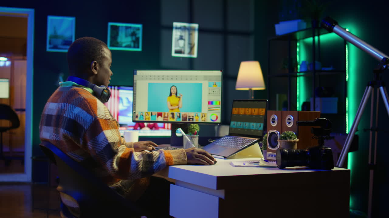 A man is working on photo and video editing on his computer