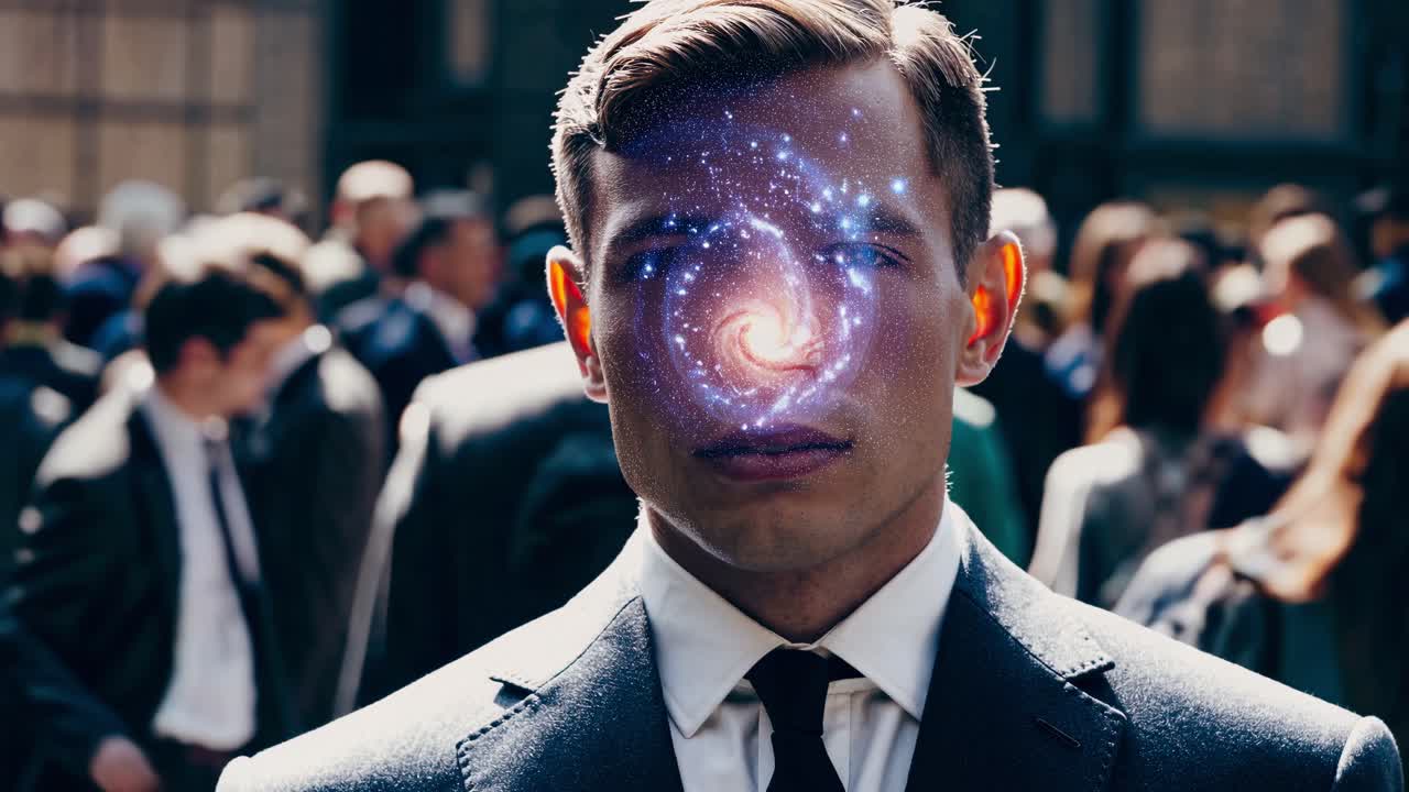 Businessman stands in a crowd with a spiral galaxy projected onto his face, symbolizing the vast universe within each individual and the connection between humanity and the cosmos